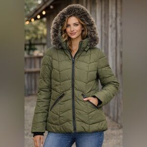 YMI Olive Puffer Jacket with Faux Fur Hood